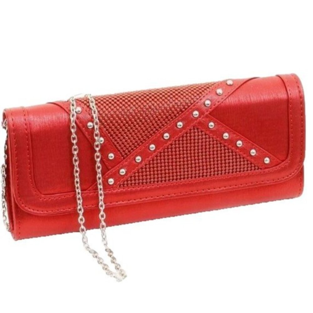 NEW Formal Cocktail Evening Romantic Red Satin Vegan Stud Detailed Clutch Purse